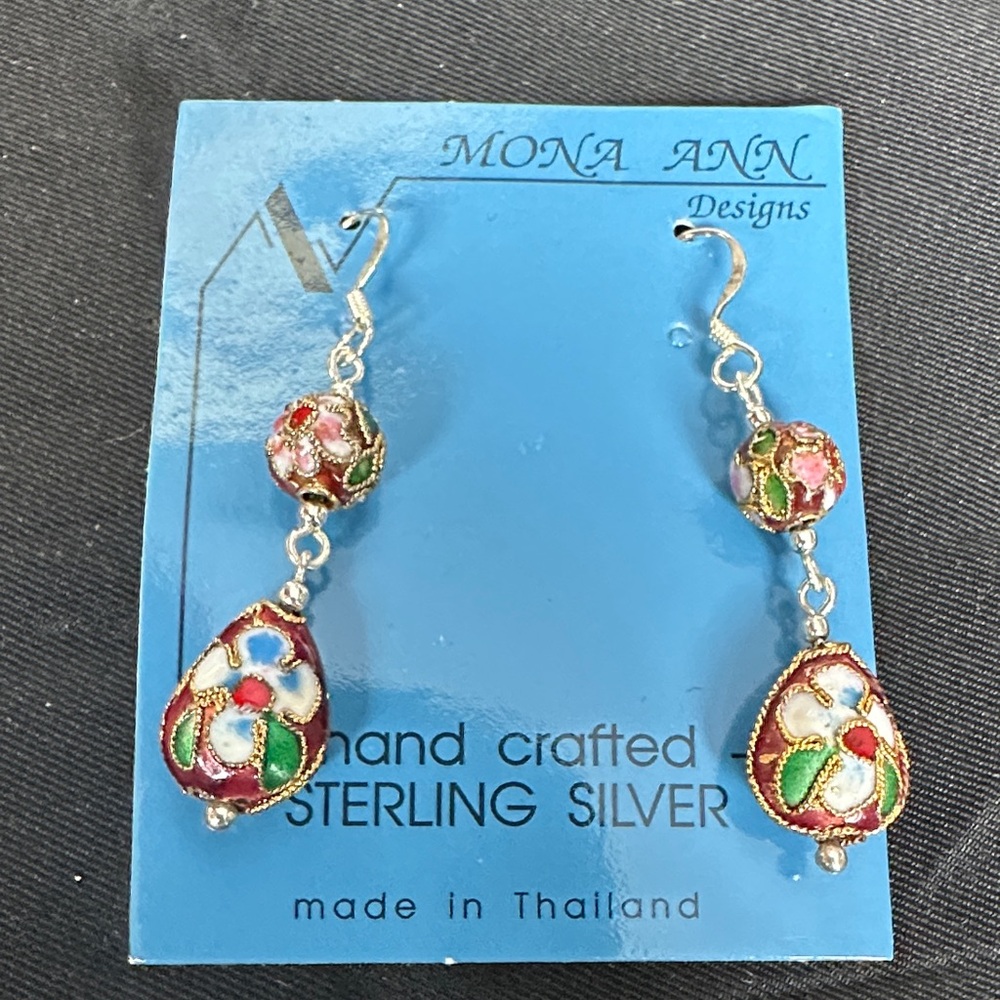 Mona Ann Designs Handcrafted Sterling Silver Cloisonné Floral Drop Earrings